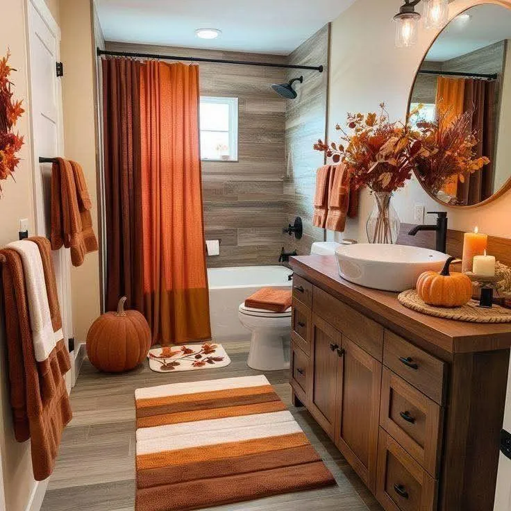 Modern Bathroom with Autumn Decor and Pumpkin Accents