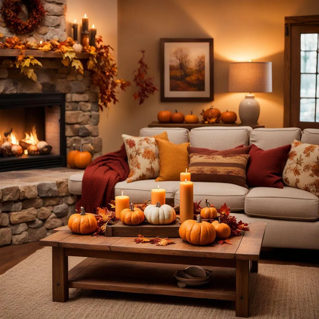 Modern Living Room with Fall Pumpkin and Candle Display