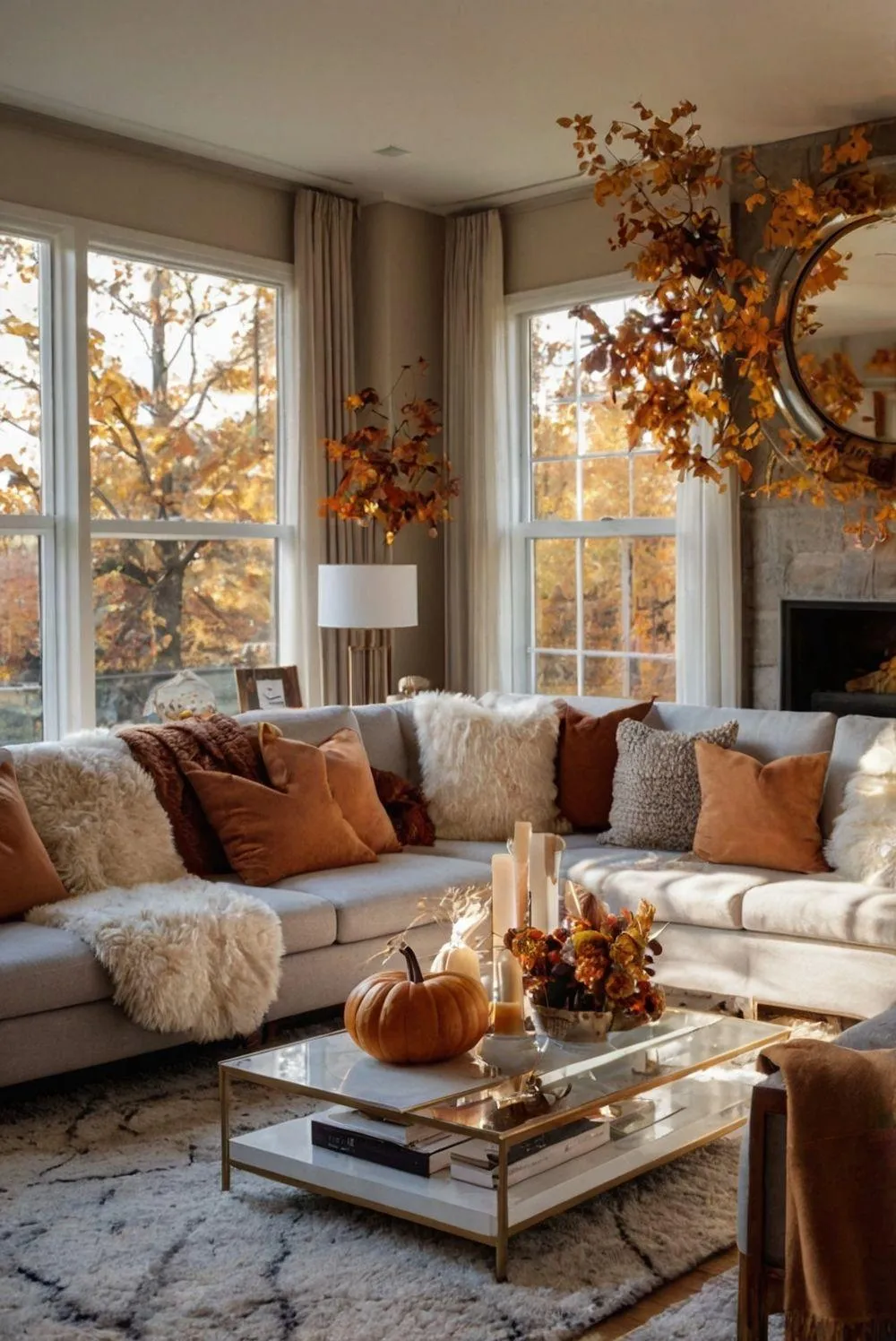 Modern Living Room with Subtle Fall Pumpkin Decoration