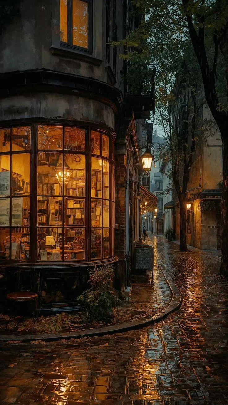 Moody Autumn Alley with Lantern Glow and Rainy Path