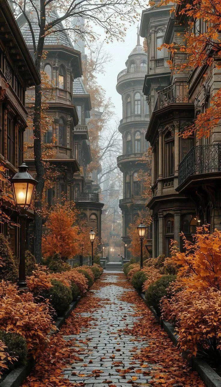 Moody Autumn Alley with Pumpkins and Fall Leaves Wallpaper