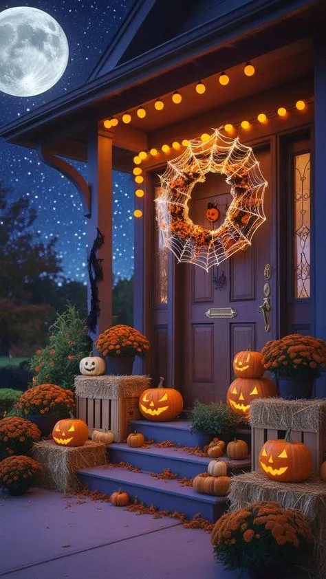 Moonlit Halloween Porch Decor with Pumpkins and Lanterns