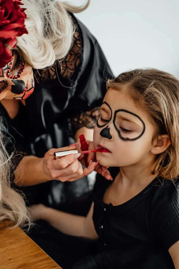 Mother and Daughter in Skeleton Makeup for Halloween