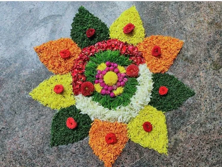 Multicolour Floral Pookolam Design for Decoration Ideas