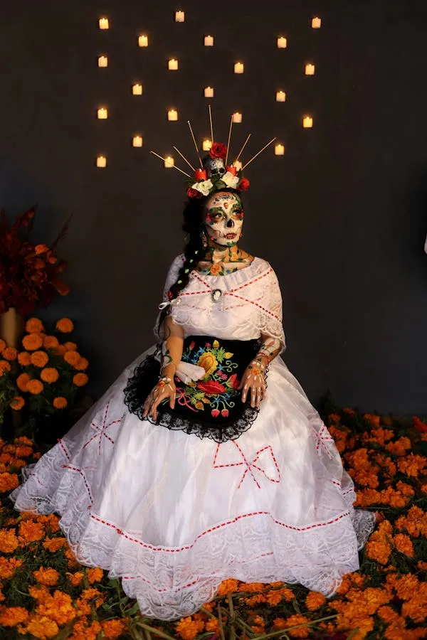 Mysterious Bride in White Dress Surrounded by Pumpkins