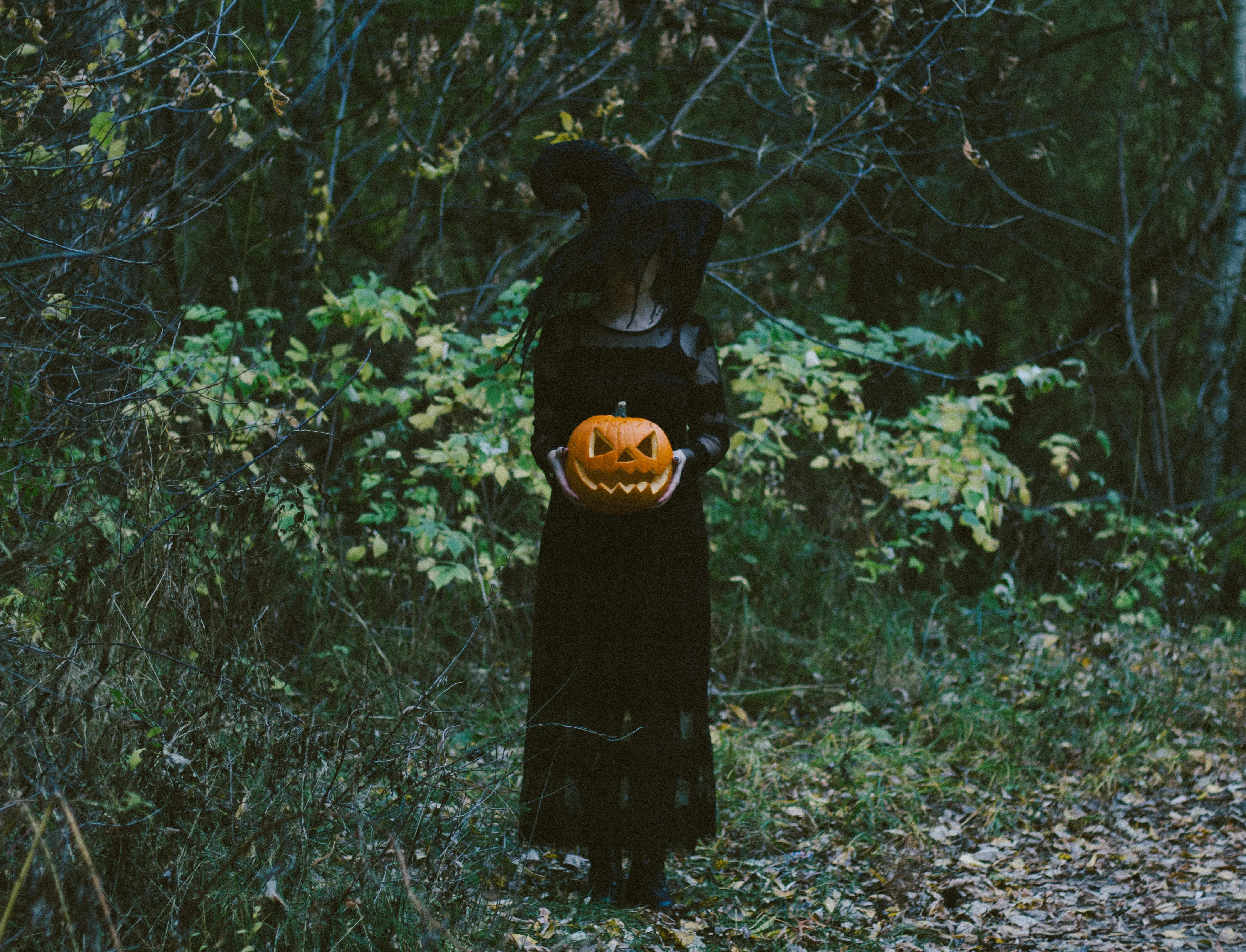 Mysterious Girl holding Pumpkin Head in Dark Woods