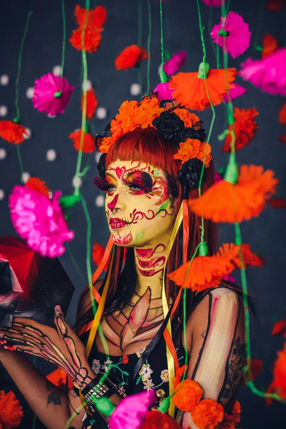 Neon Day of the Dead Makeup with Bright Flowers image