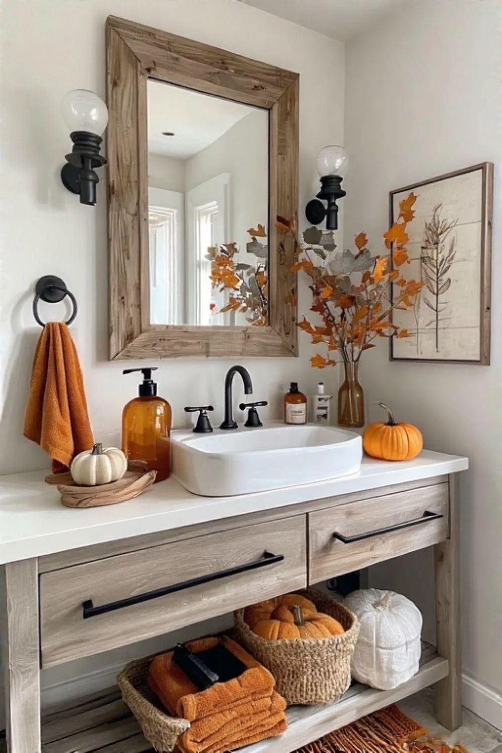 Neutral Bathroom Styled with White Pumpkins and Autumn Touches