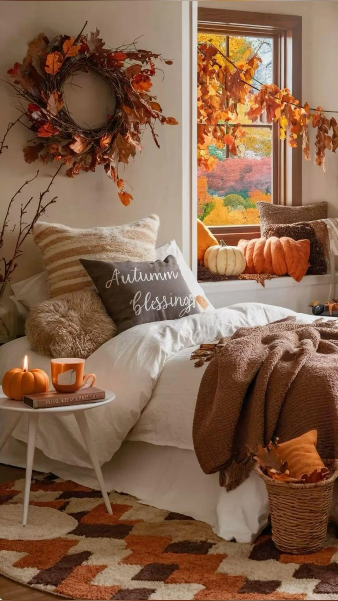 Neutral Bedroom Decorated For Cozy Halloween Wallpaper