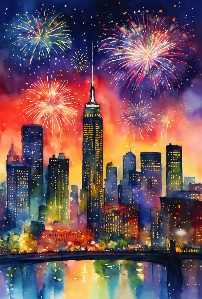 New York skyline illuminated by stunning fireworks image