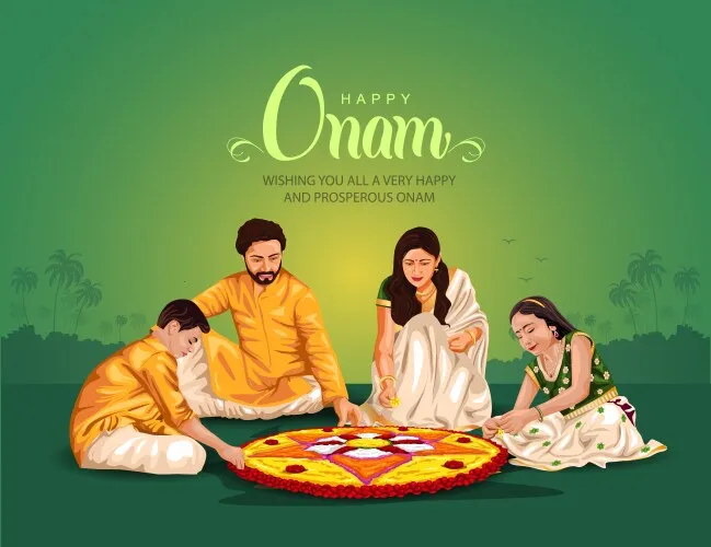 Onam athpookoalm design in family members with happy family