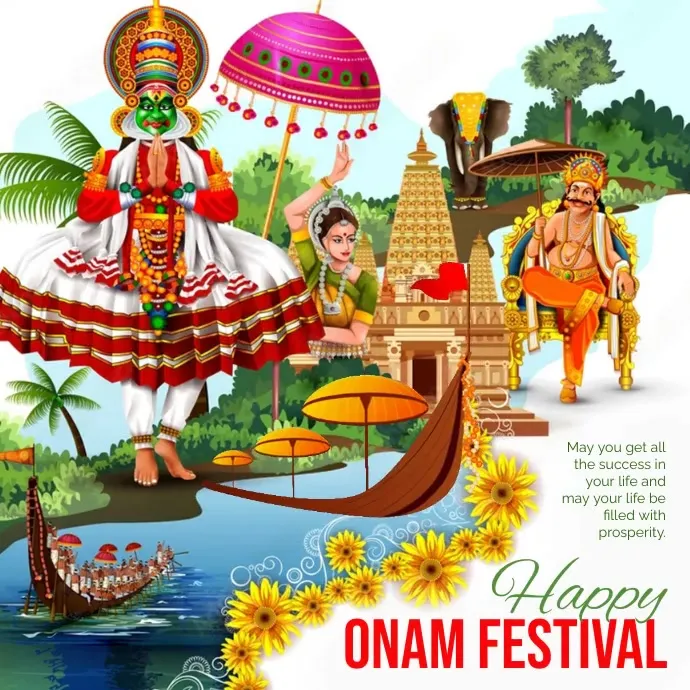 Onam festival text with the kathakali and king of Mahabali