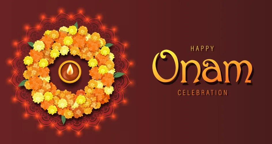 Onam invitation is flower design and text with golden colour
