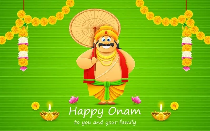 Onam invitation with King of Mahabali and a flower symbol
