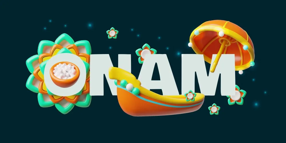 Onam O with rangoli design and wooden umbrella design