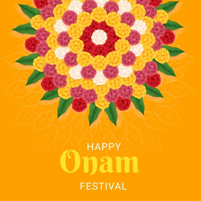 Onam rangoli in bouquet design and Happy Onam festival text