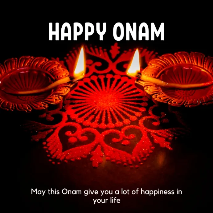 Onam rangoli with lamp design and happy Onam text image