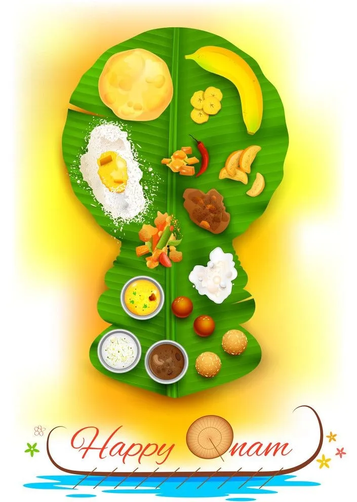 Onam Sadya in Happy Onam text and Vallam Kali image poster