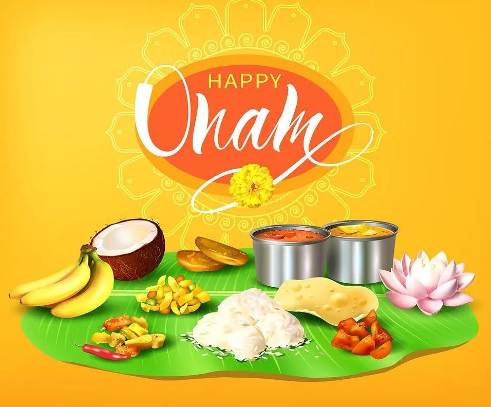 Onam sadya with invitation image and happy Onam text
