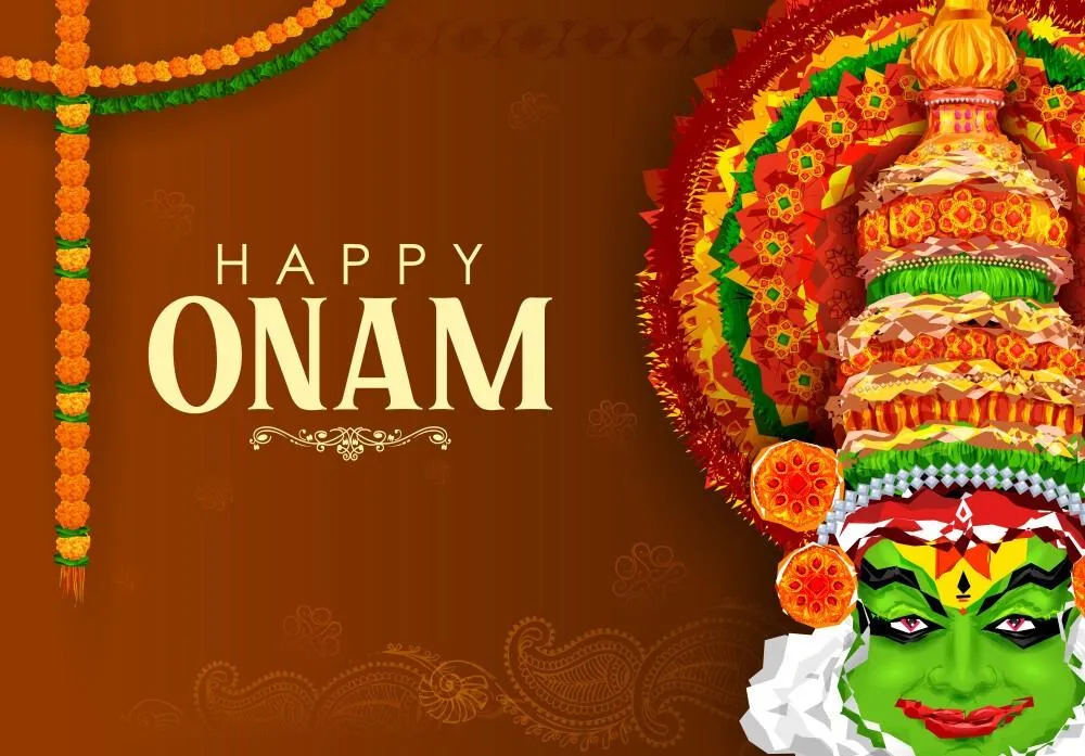 Onam text and Kathakali dance and orange flower design