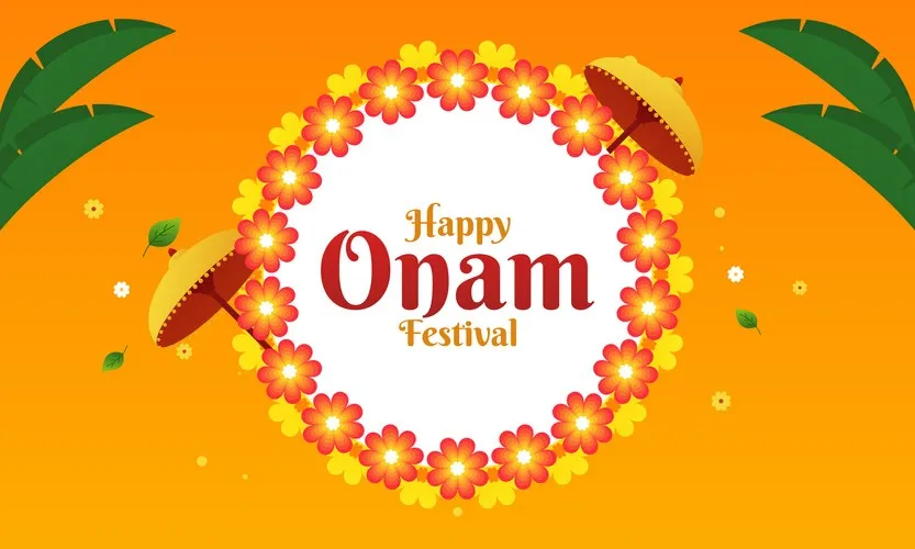 Onam text with a unique and colourful flower image design