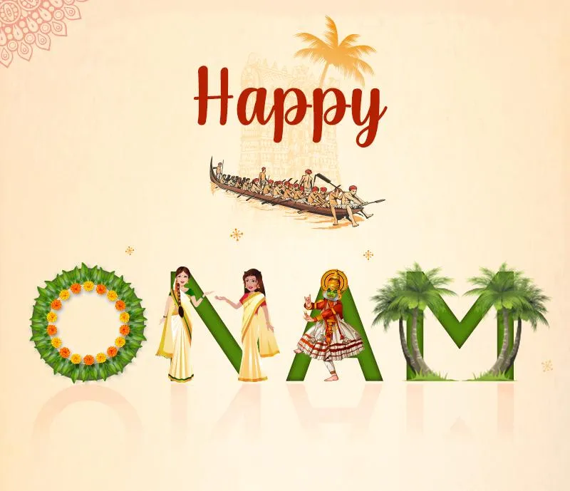 Onam text with flowers girls and a kathakali image poster