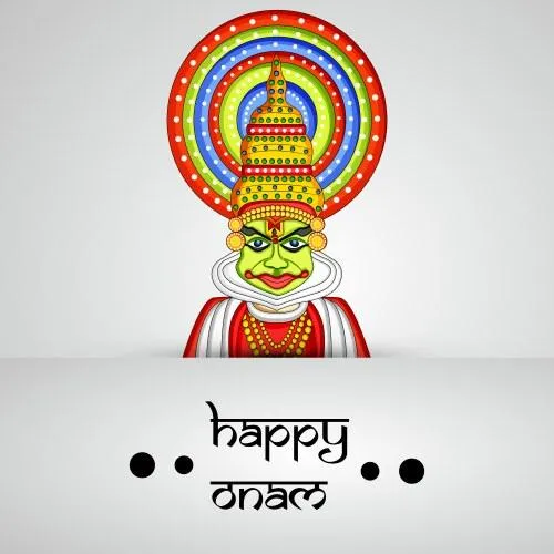 Onam text with Hindi and Kathakali dance face with wallpaper