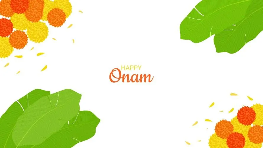 Onam text with orange colour and green leaves and flowers