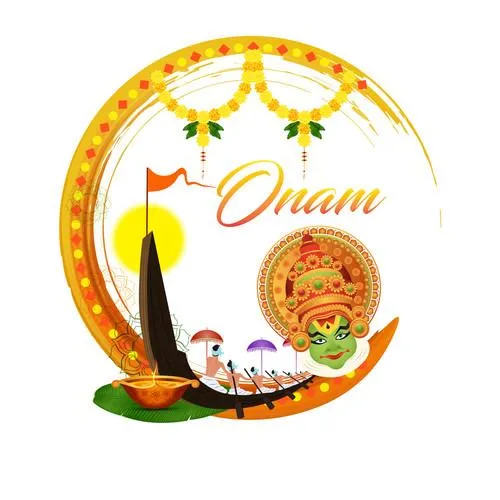 Onam text with Vallam kali and kathakali lamp icon