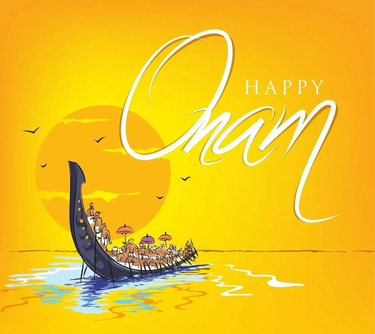 Onam text with Vallam Kali image and orange background