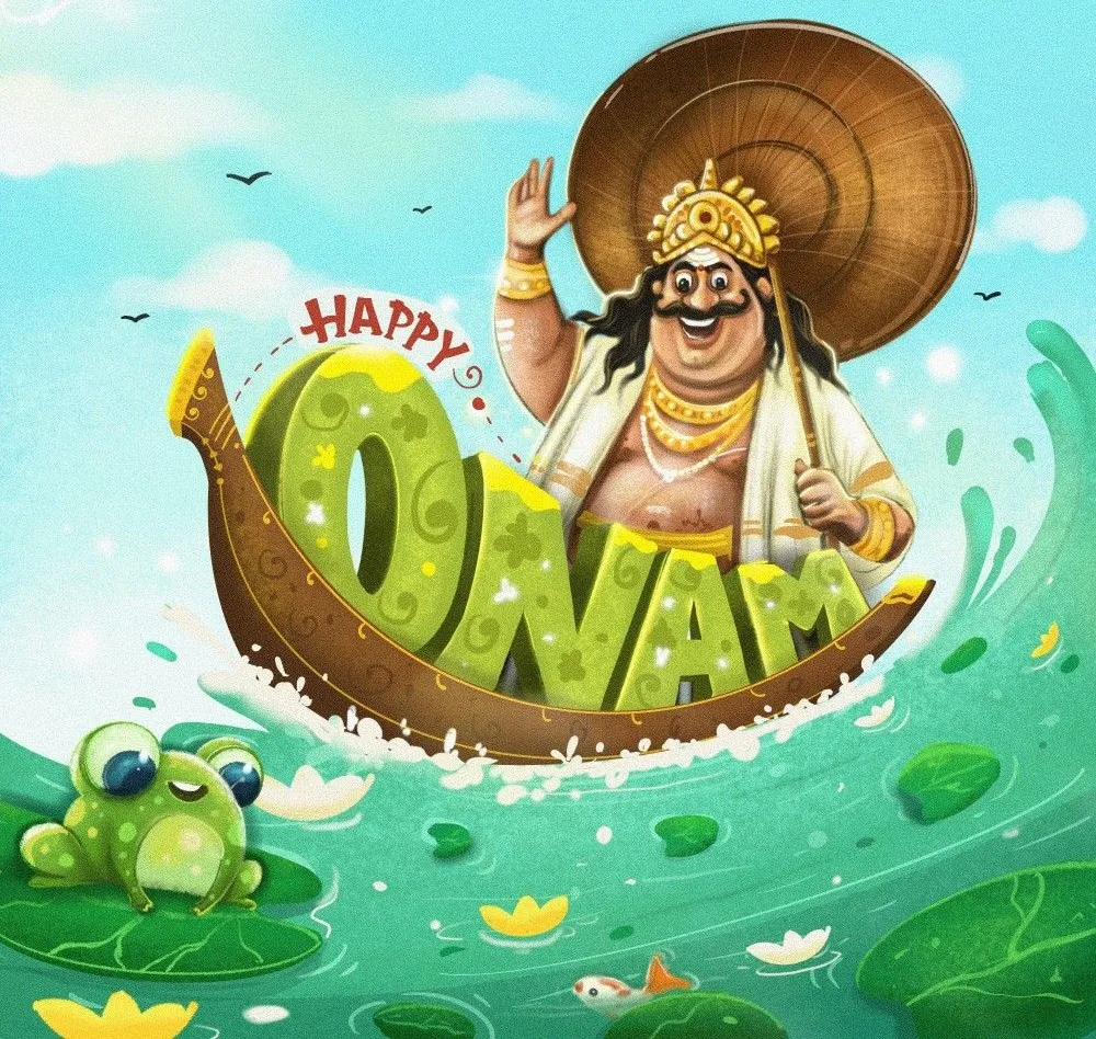 Onam text with vallam kali image in water king of Mahabali