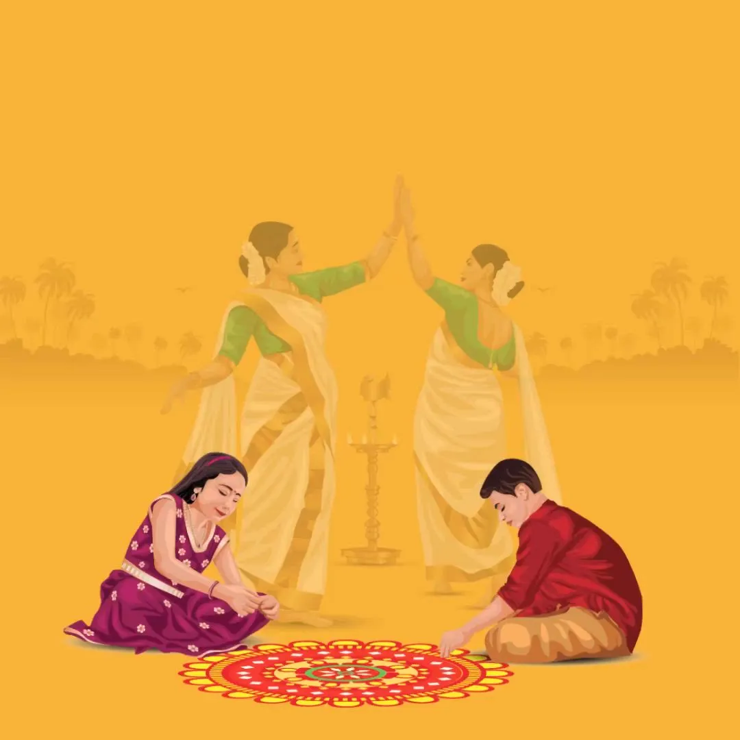 Onam traditional dress and dance with two girls and athpookolam