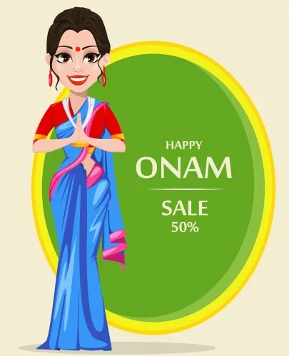 Onam wishes and a girl with an Onam offer image poster