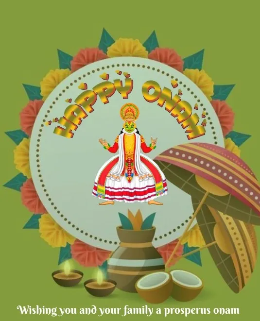Onam with a Kathakali dance poster image and wooden umbrella