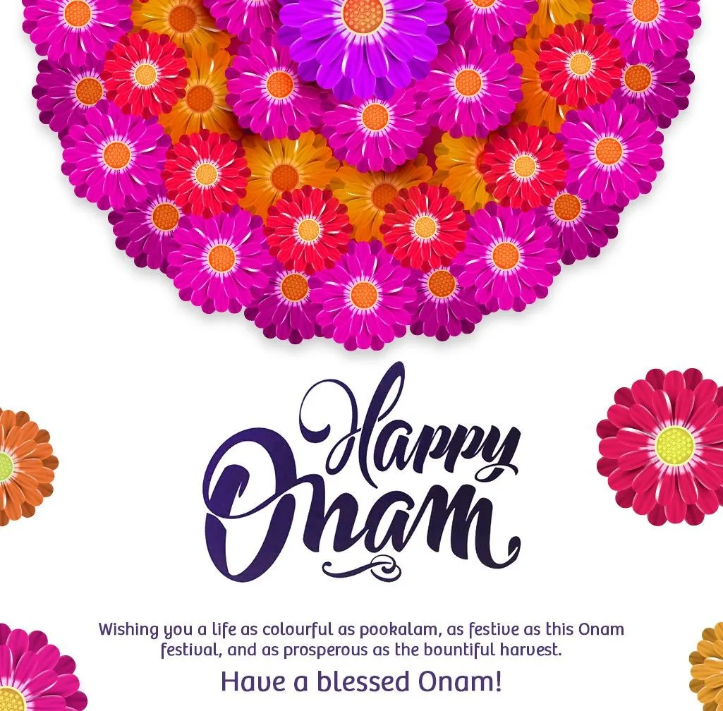 Onam with flowers design and happy Onam text image poster