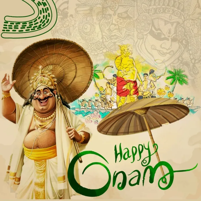 Onam with Malayalam text and puli kali image chinda malam