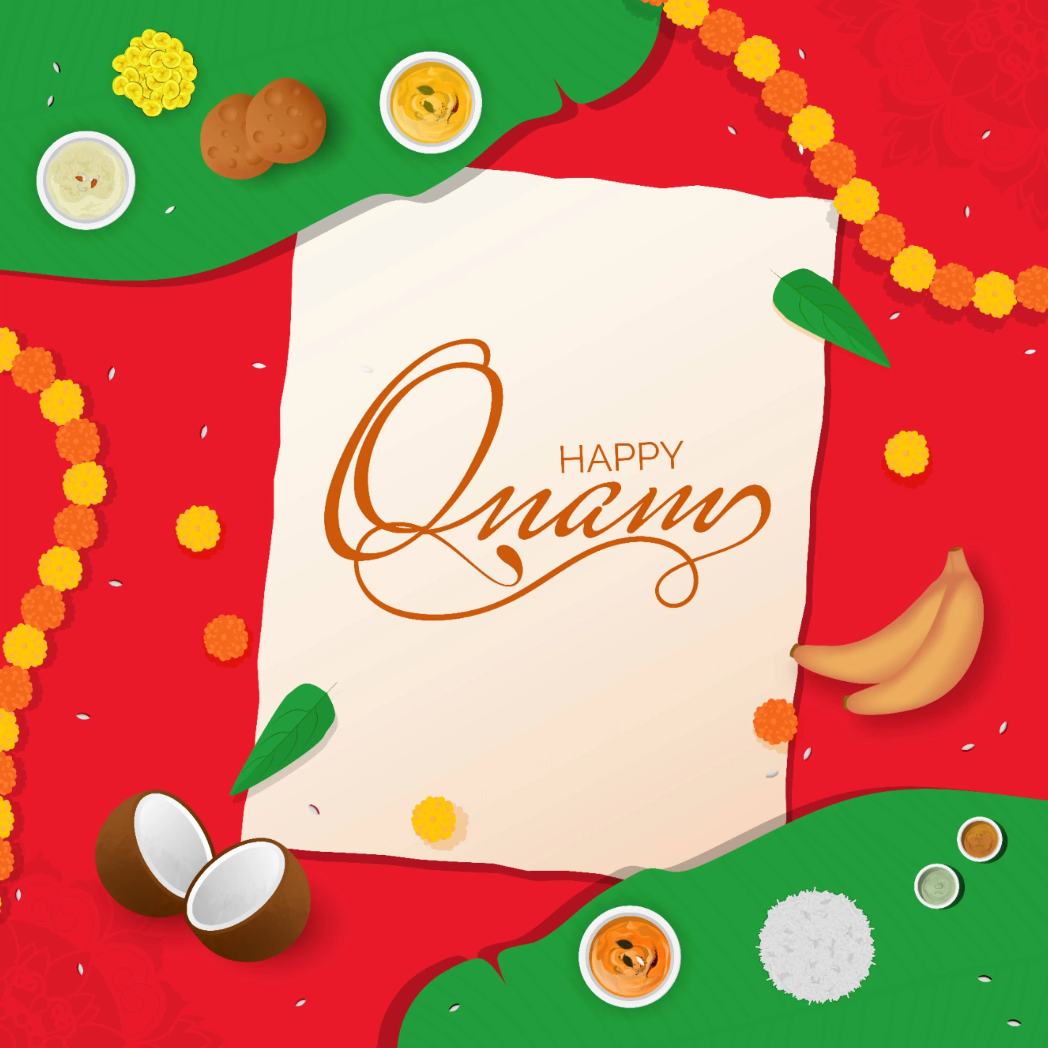 Onam with simple design with flowers and Onam sadya