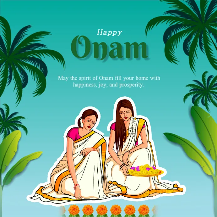 Onam with traditional dress and athapookolam design