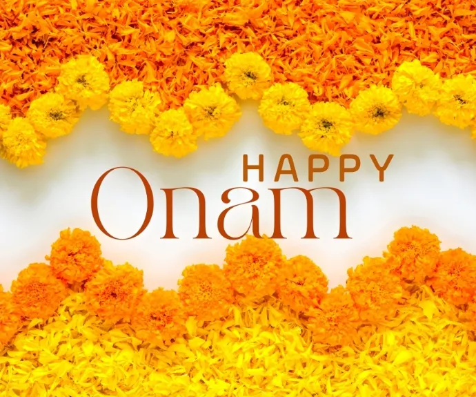 Orange and yellow flower design and happy Onam text