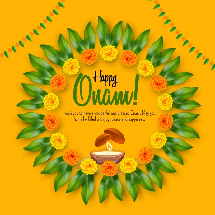 Orange Colour Onam invitation with flowers and leaves design