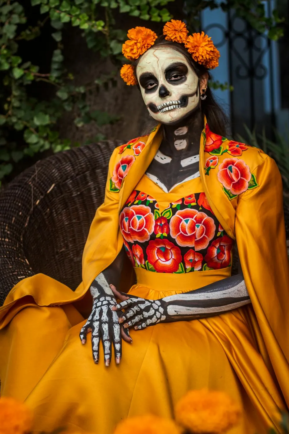 Orange Day of the Dead Costume with Skeleton Face Paint