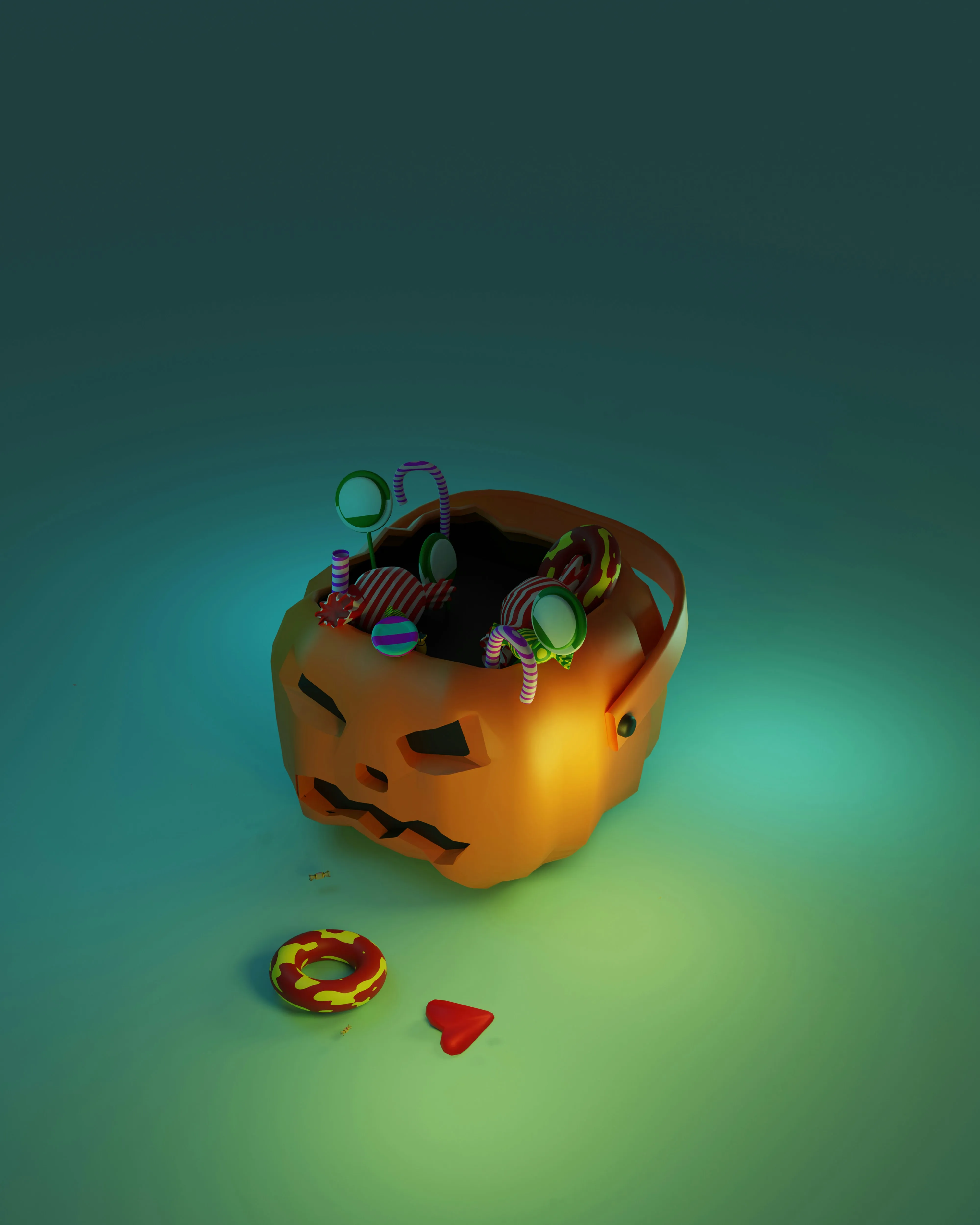 Orange Pumpkin with Candy and Worms on Green Background