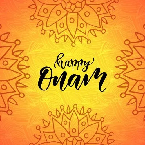 Orange with yellow flower design and Happy Onam text