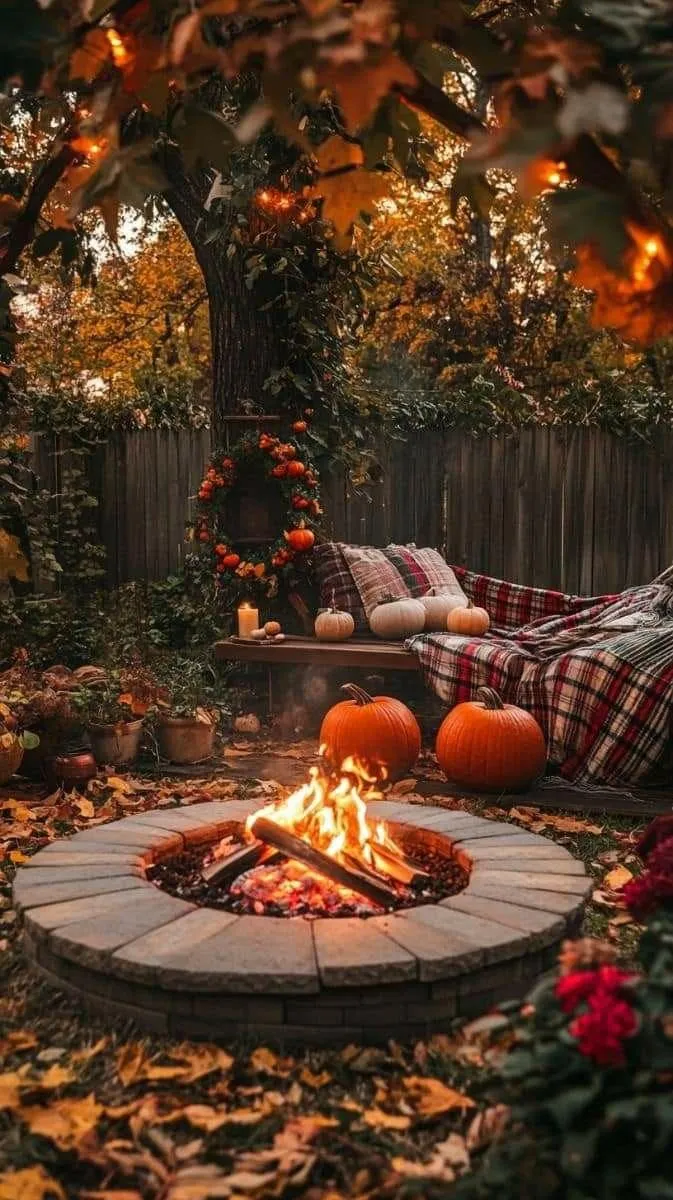 Outdoor Fire Pit Gathering with Autumn Leaves and Pumpkins
