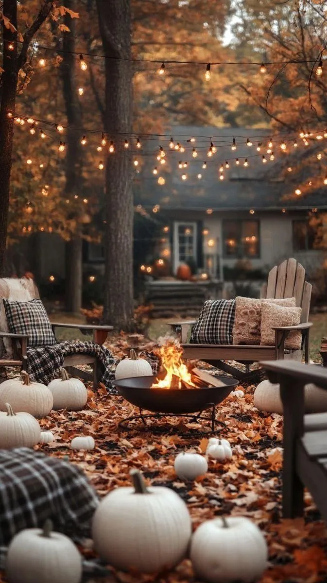 Outdoor Fire Pit Gathering with Pumpkins and Autumn Leaves