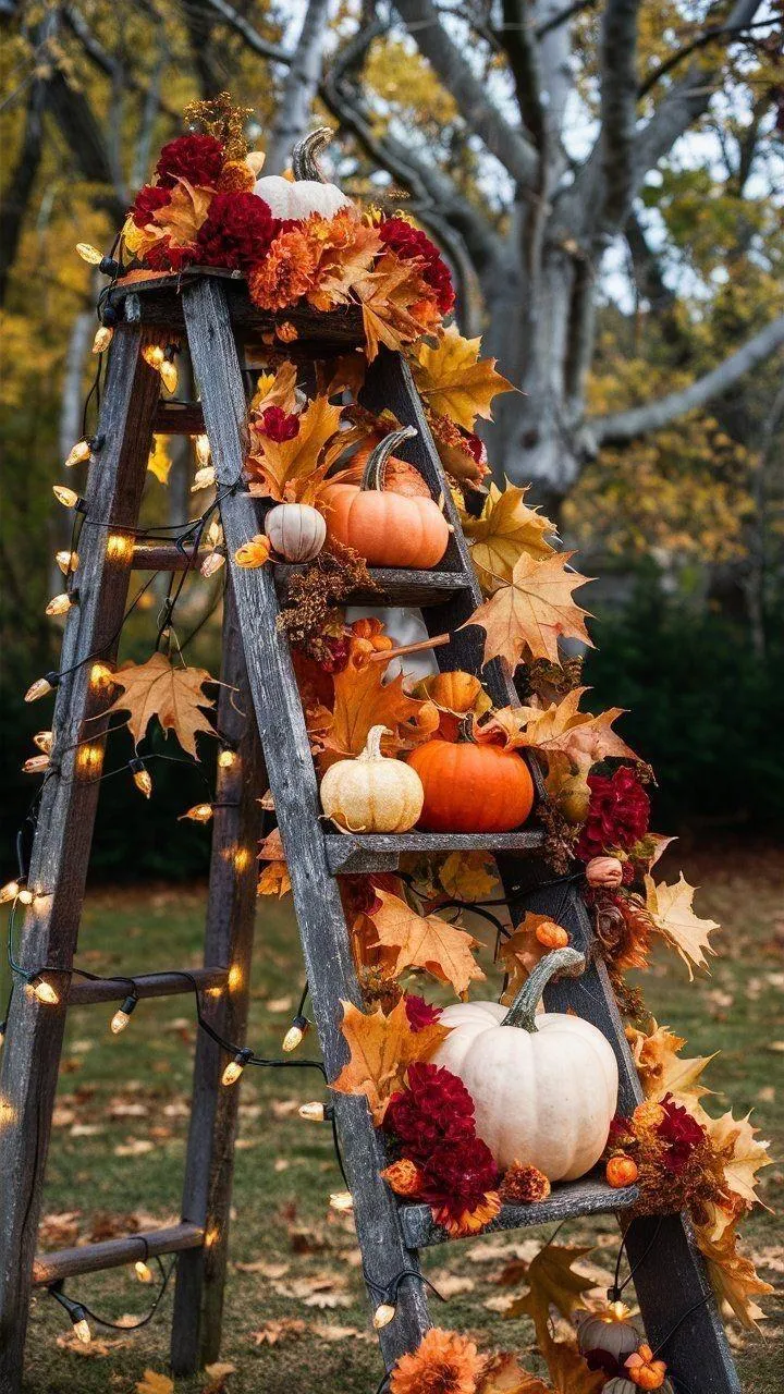 Outdoor Ladder Decorated with Pumpkins and Autumn Leaves