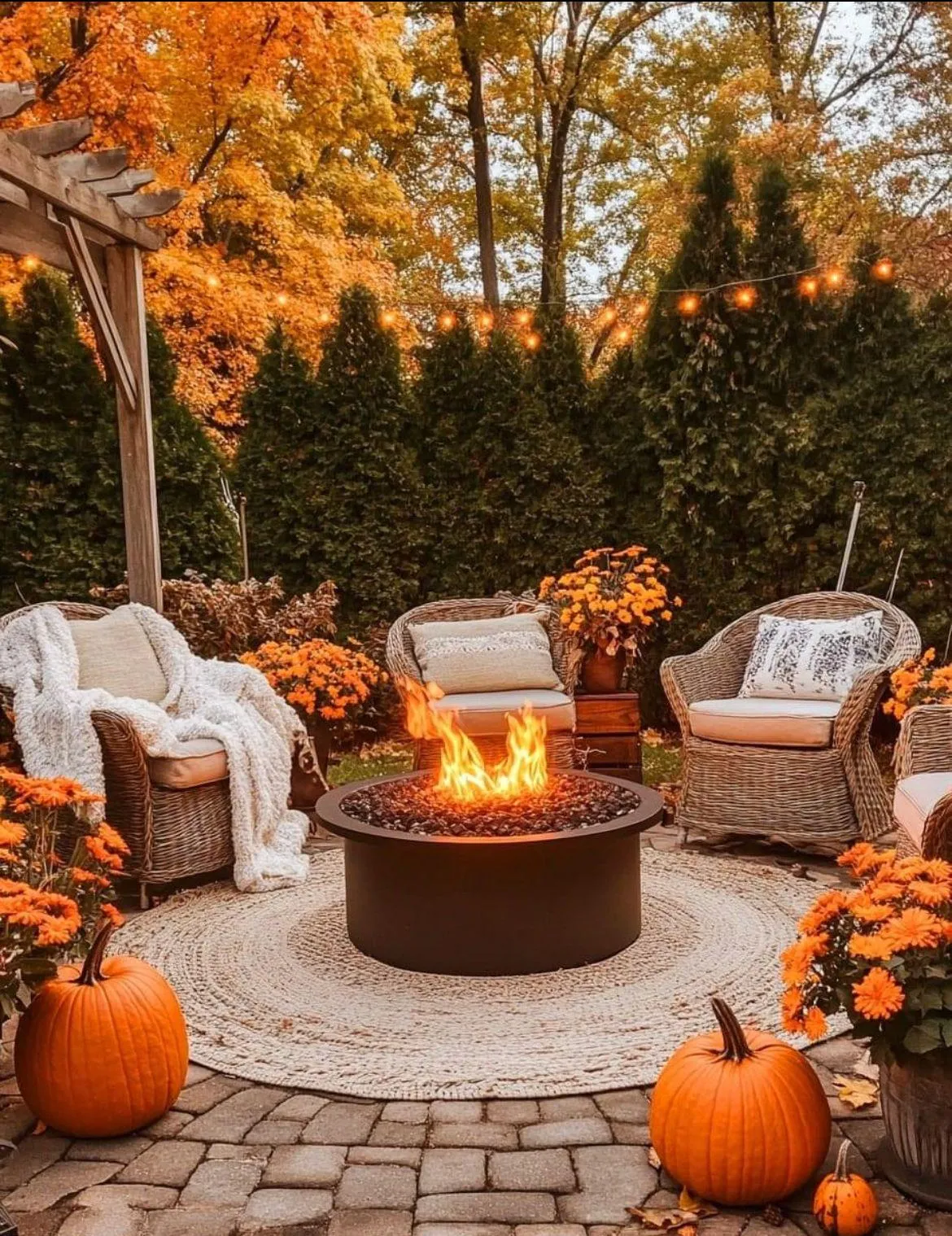 Outdoor Patio with Pumpkins and Autumn Themed Furniture