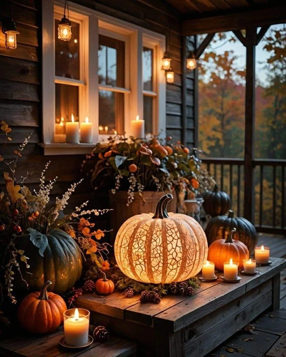 Outdoor Porch Decorated with Pumpkins and String Lights