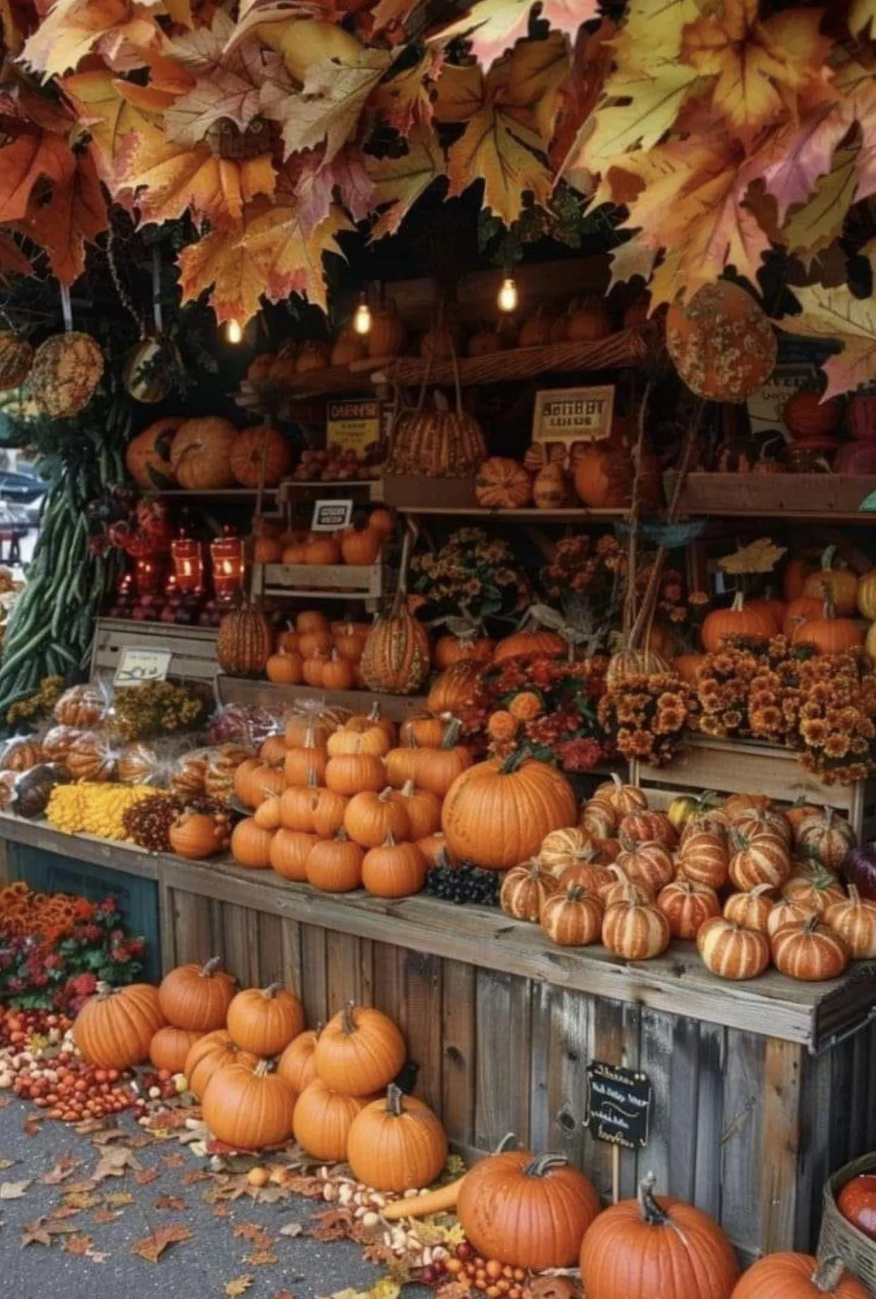 Outdoor Pumpkin Market Stand with Autumn Leaves Backdrop