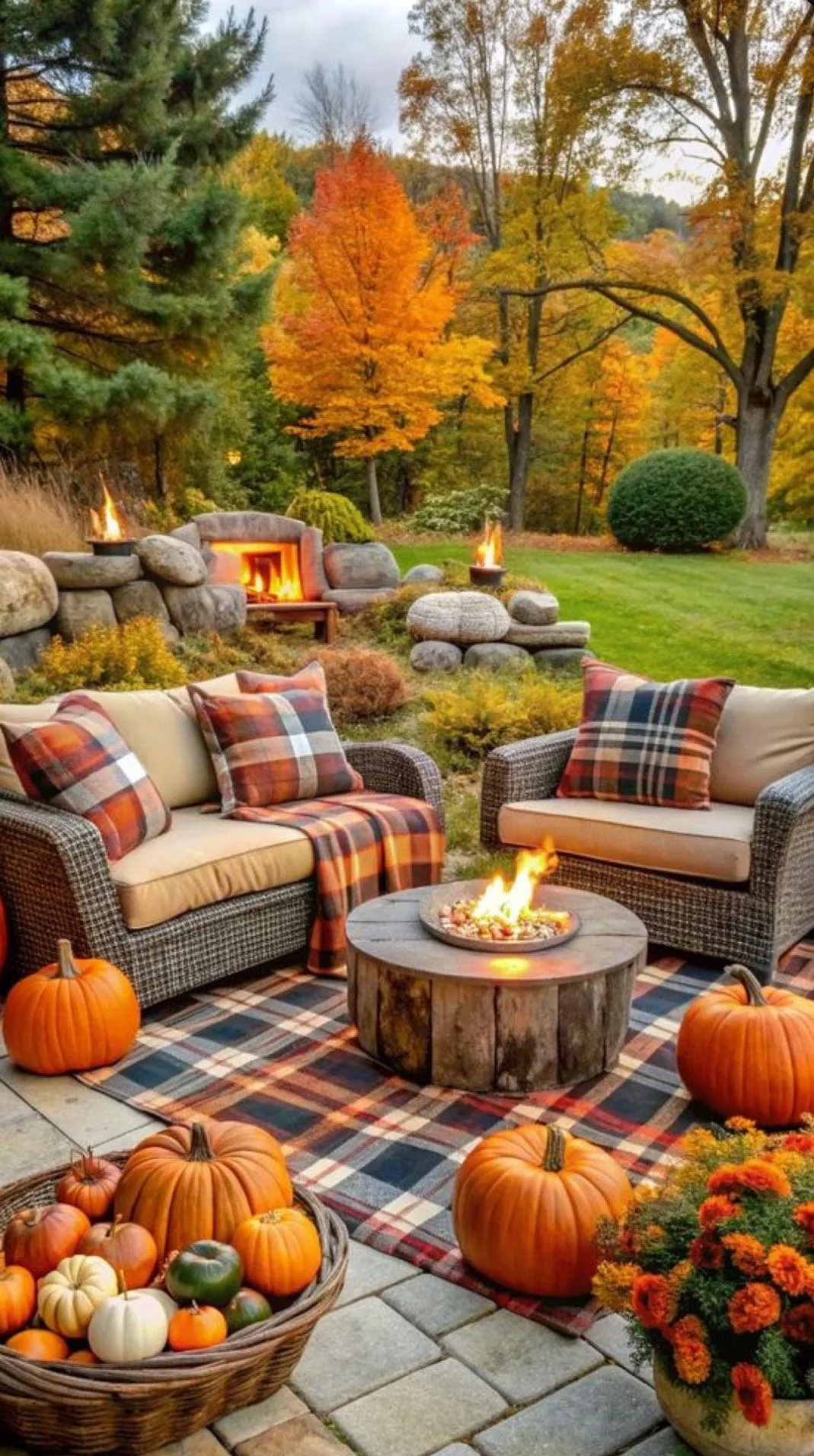 Outdoor Seating Area with Pumpkins and Autumn Decorations